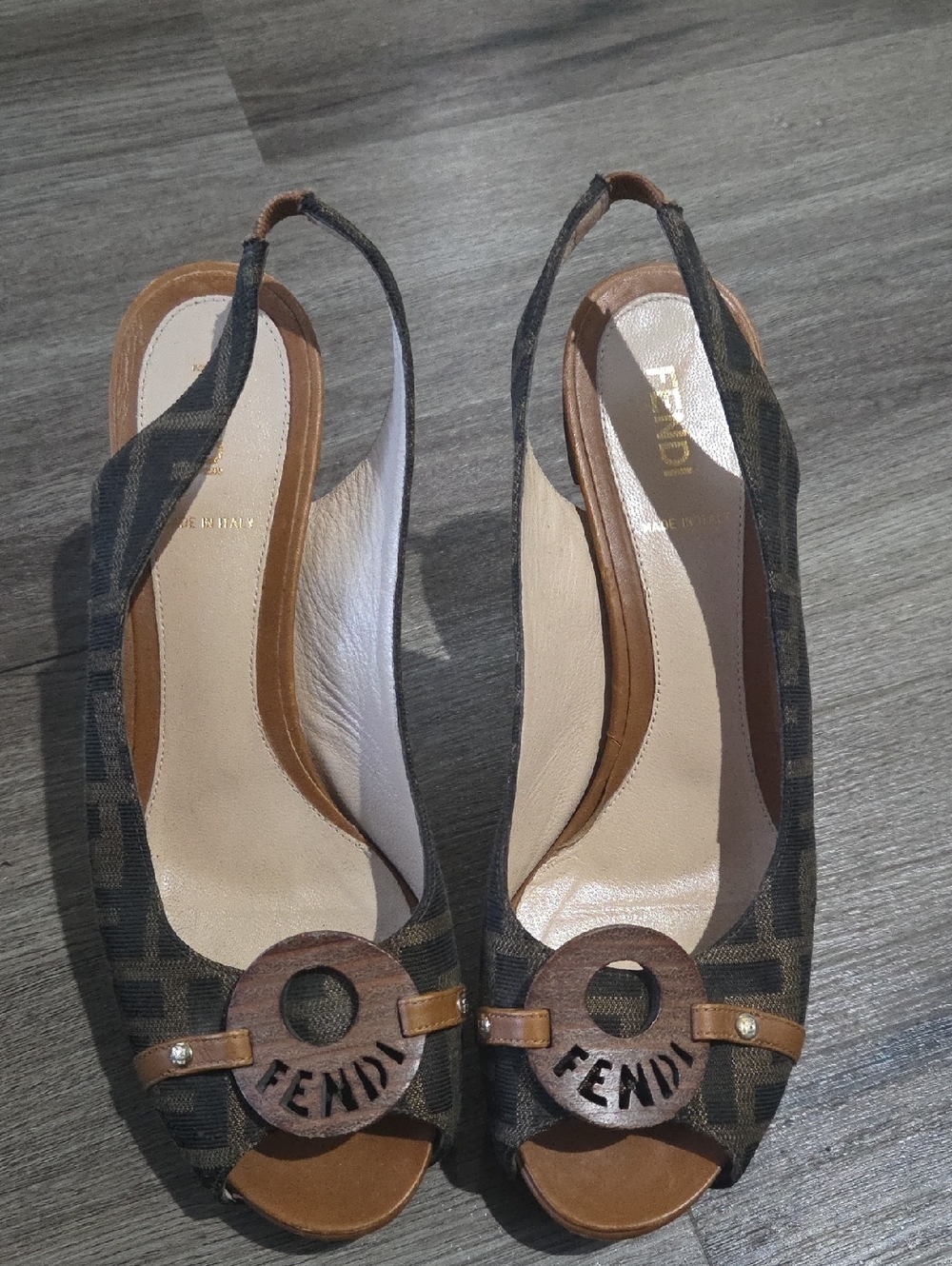 Fendi Brown Monogram Peep-Toe Slingback Heels with Logo Medallions